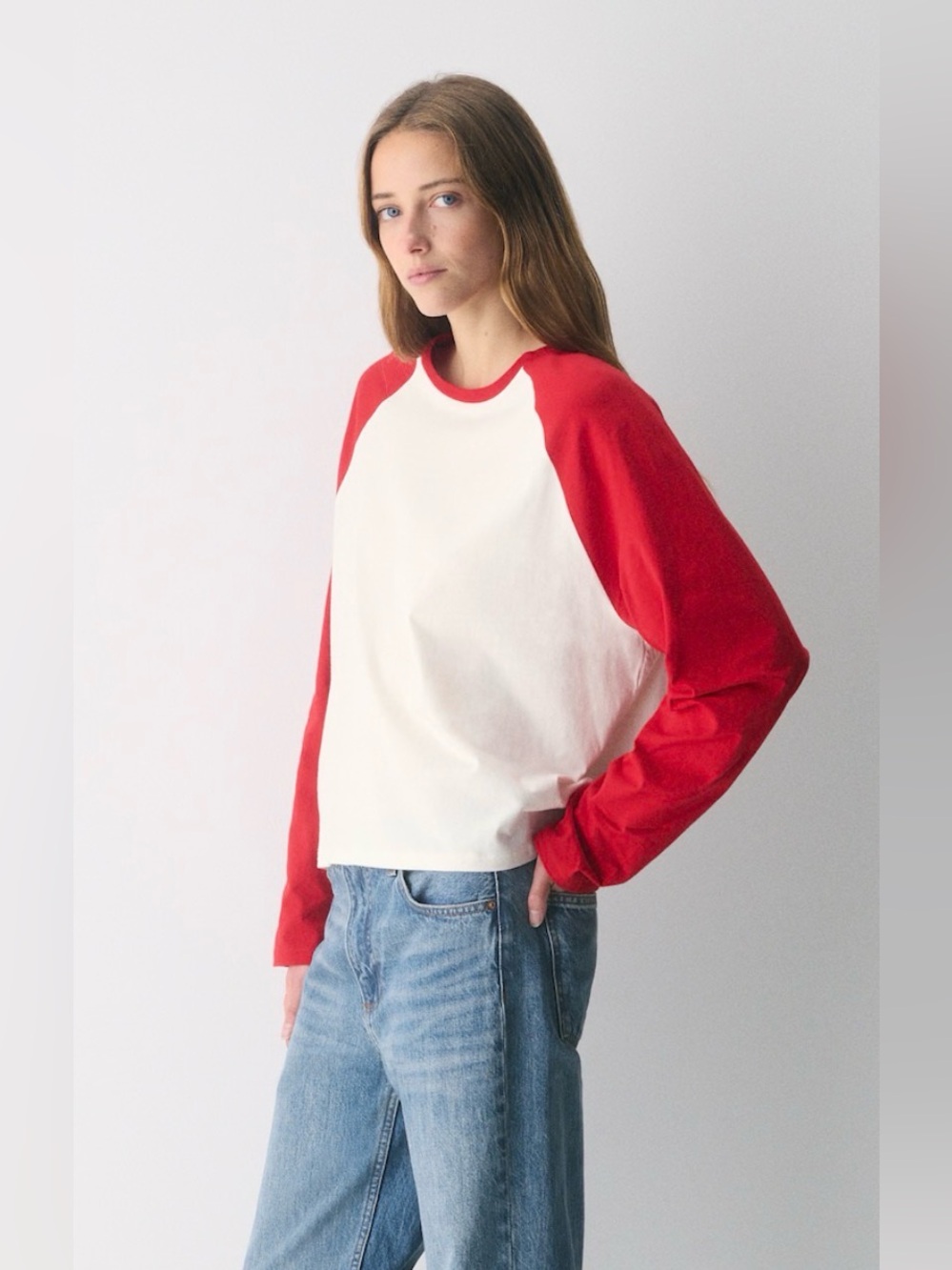 Aritzia - Baseball inspired, Long Sleeve red & white Tee, large